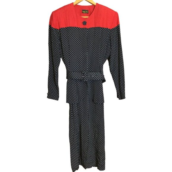 Vintage Stuart Alan Womens Polka Dots Belted Dress Long Sleeve Peplum Size 8 - Picture 1 of 7